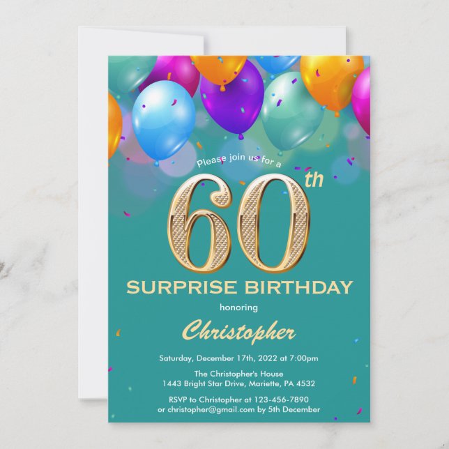 Surprise 60th Birthday Teal and Gold Balloons Invitation (Front)