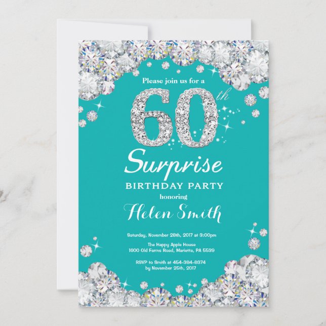 Surprise 60th Birthday Teal and Silver Diamond Invitation (Front)