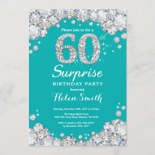 Surprise 60th Birthday Teal and Silver Diamond Invitation