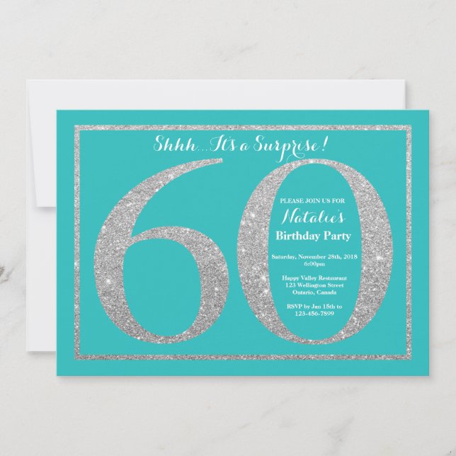 Surprise 60th Birthday Teal and Silver Glitter Invitation (Front)