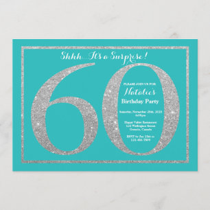 Surprise 60th Birthday Teal and Silver Glitter Invitation