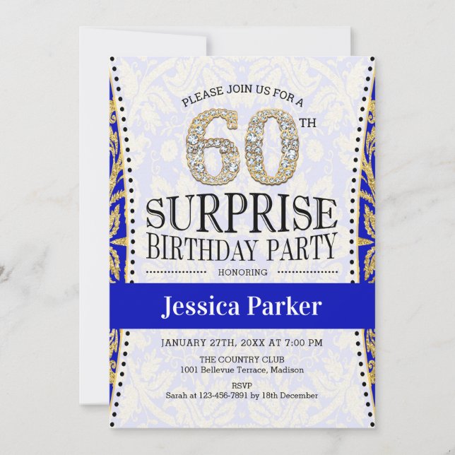 Surprise 60th Birthday - White Gold Royal Blue Invitation (Front)