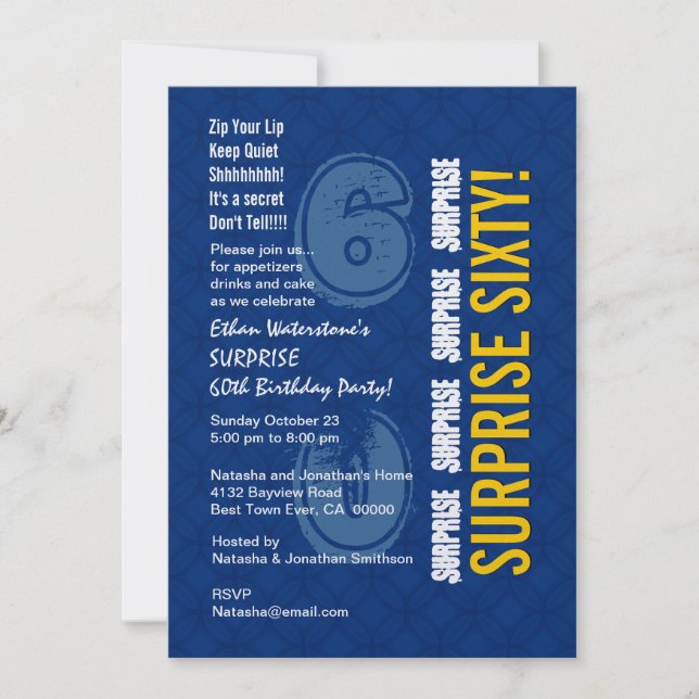 SURPRISE 60th Modern Birthday Blue and Gold V003 Invitation (Front)