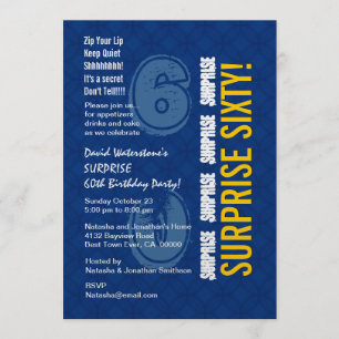 SURPRISE 60th Modern Birthday Blue Gold Metallic Invitation