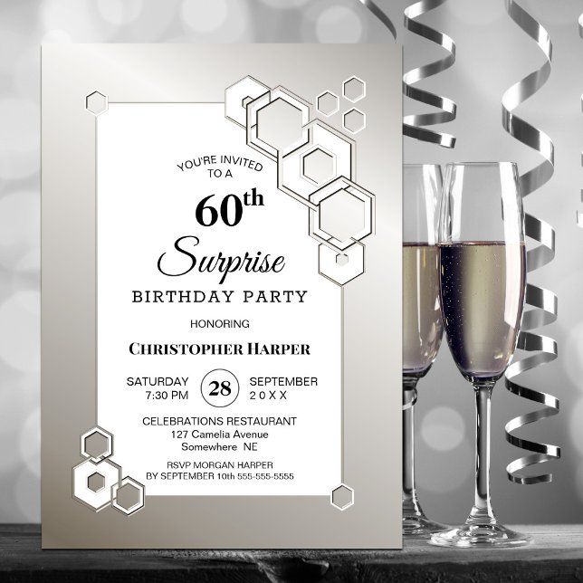 Surprise 60th Silver Geometric Birthday Party Invitation (Creator Uploaded)