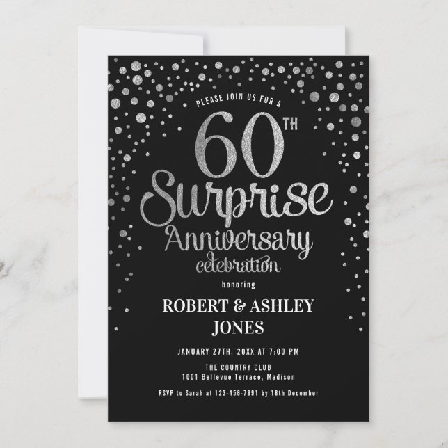 Surprise 60th Wedding Anniversary - Black & Silver Invitation (Front)