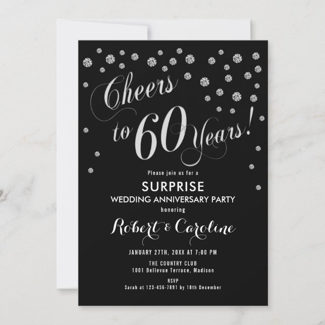Surprise 60th Wedding Anniversary - Black & Silver Invitation (Front)
