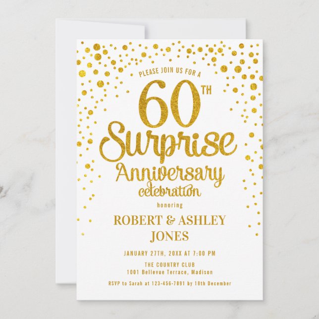 Surprise 60th Wedding Anniversary - Gold & White Invitation (Front)