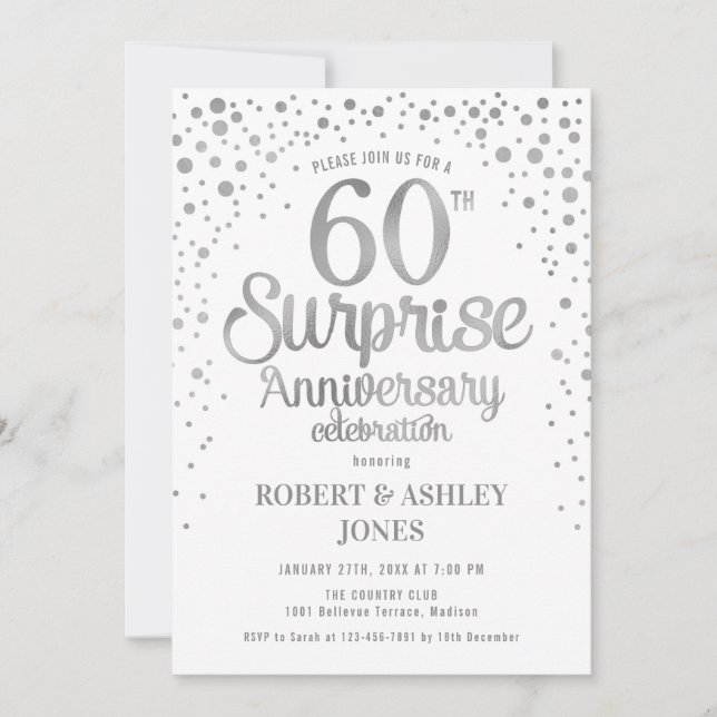 Surprise 60th Wedding Anniversary - Silver & White Invitation (Front)