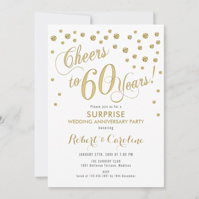 Surprise 60th Wedding Anniversary - White & Gold Invitation (Front)