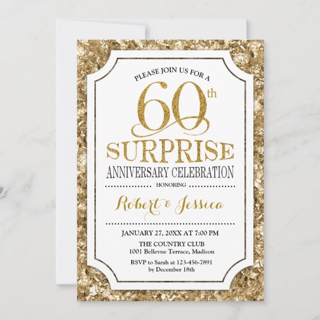 Surprise 60th Wedding Anniversary - White Gold Invitation (Front)
