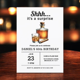 Surprise 60th Whiskey Cigar Bourbon Birthday Party Invitation