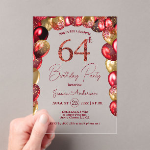 Surprise 64th Birthday Party Gold Burgundy Glitter Acrylic Invitations