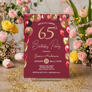 Surprise 65th Birthday Party Gold Burgundy Glitter Invitation