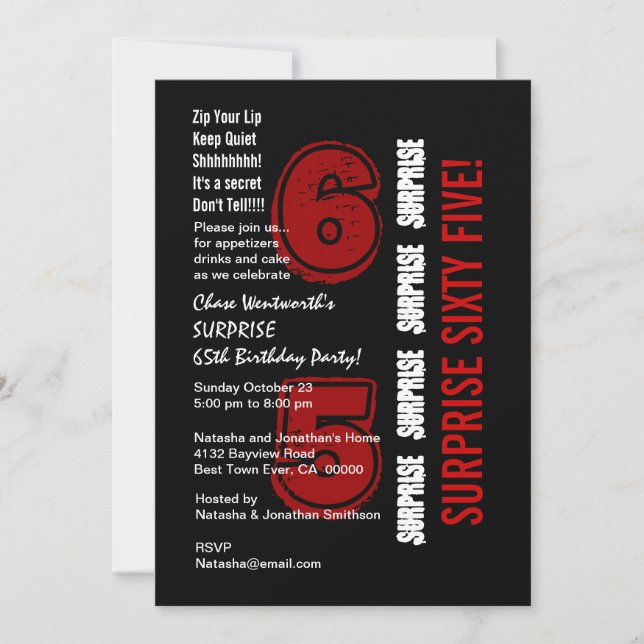 SURPRISE 65th Modern Birthday Red Black White W199 Invitation (Front)