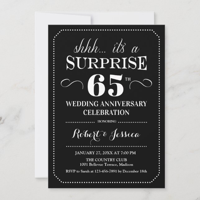 Surprise 65th Wedding Anniversary - Black White Invitation (Front)