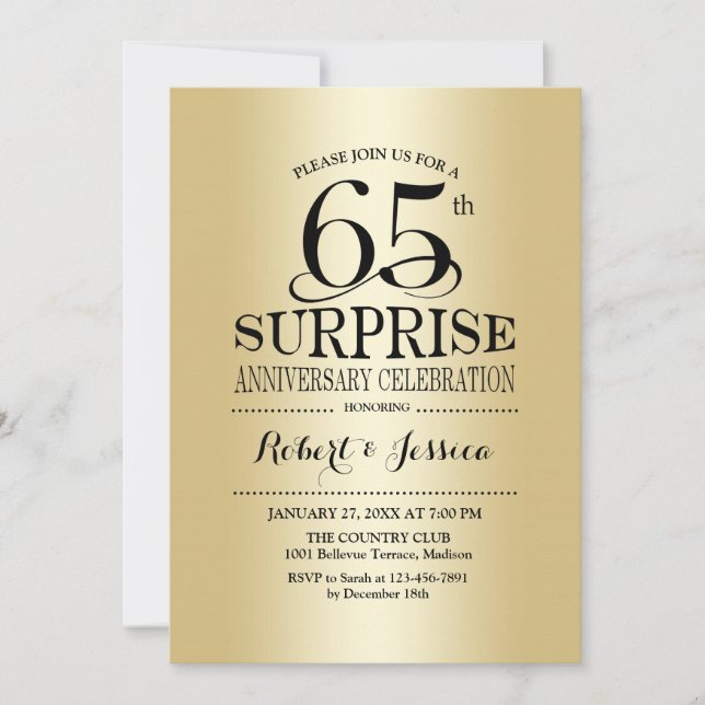 Surprise 65th Wedding Anniversary - Gold Invitation (Front)