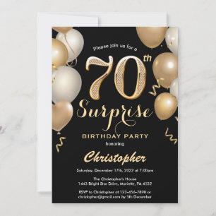 Surprise 70th Birthday Black and Gold Balloons Invitation