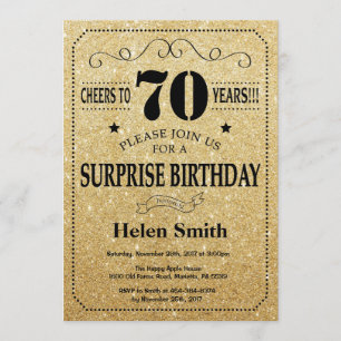 Surprise 70th Birthday Black and Gold Glitter Invitation