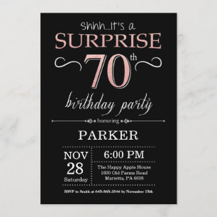 Surprise 70th Birthday Black and Rose Pink Gold Invitation