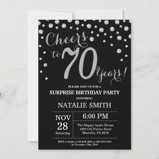 Surprise 70th Birthday Black and Silver Diamond Invitation (Front)