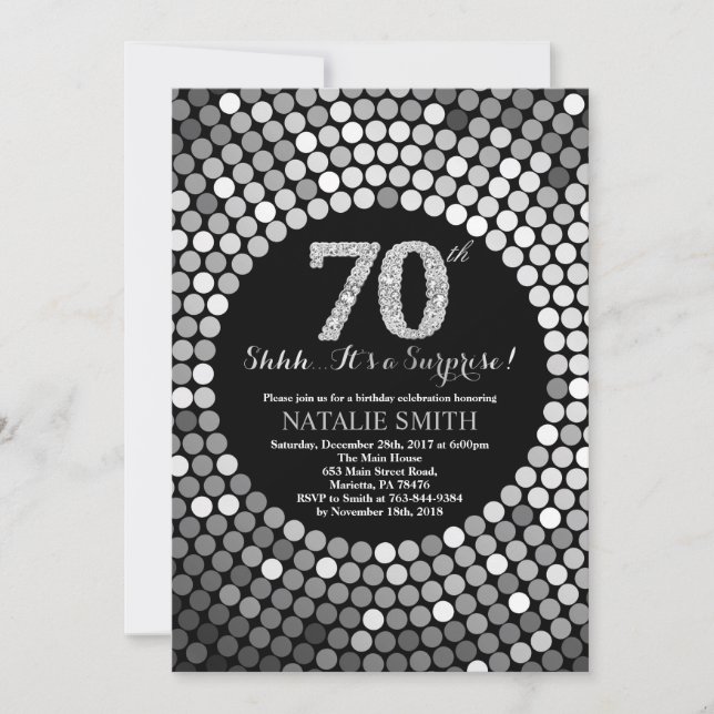 Surprise 70th Birthday Black and Silver Glitter Invitation (Front)