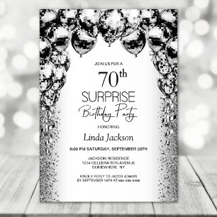 Surprise 70th Birthday Black and White Balloons Invitation