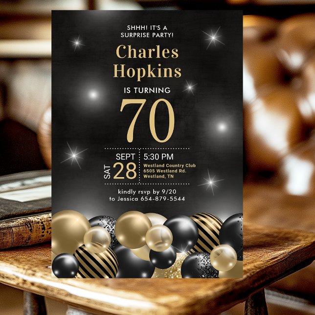 Surprise 70th Birthday Black Gold Balloons Party Invitation (Creator Uploaded)