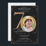 Surprise 70th Birthday Black Gold Elegant Photo Invitation<br><div class="desc">Surprise 70th Birthday Black Gold Elegant Photo Invitation. An elegantly designed special birthday celebration invitation,  featuring a custom photo of birthday person and script calligraphy with vintage flourish elements. Simple enough to fit a variety of themes and colours!
Need help? Simply contact me!</div>