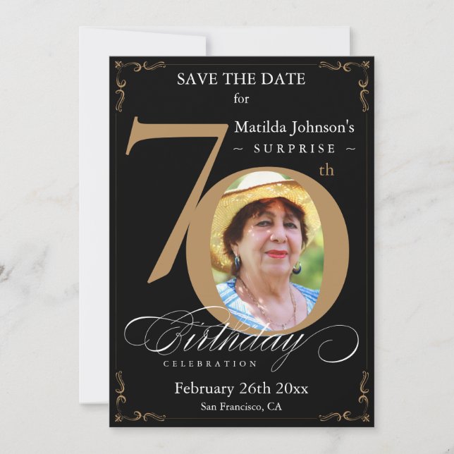 Surprise 70th Birthday Black Gold Save The Date Invitation (Front)