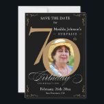 Surprise 70th Birthday Black Gold Save The Date Invitation<br><div class="desc">Surprise 70th Birthday Black Gold Save The Date Invitation. An elegantly designed special birthday celebration save the date featuring a custom photo of birthday person and script calligraphy with vintage flourish elements. Simple enough to fit a variety of themes and colours!
Need help? Simply contact me!</div>