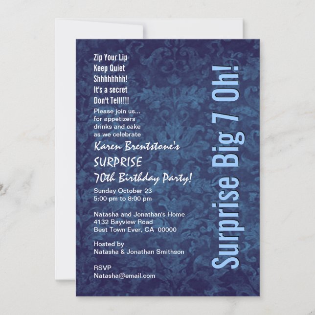 SURPRISE 70th Birthday Blue Damask White W1467 Invitation (Front)