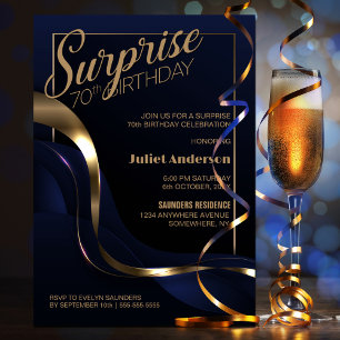 Surprise 70th Birthday Blue Gold Party Invitation
