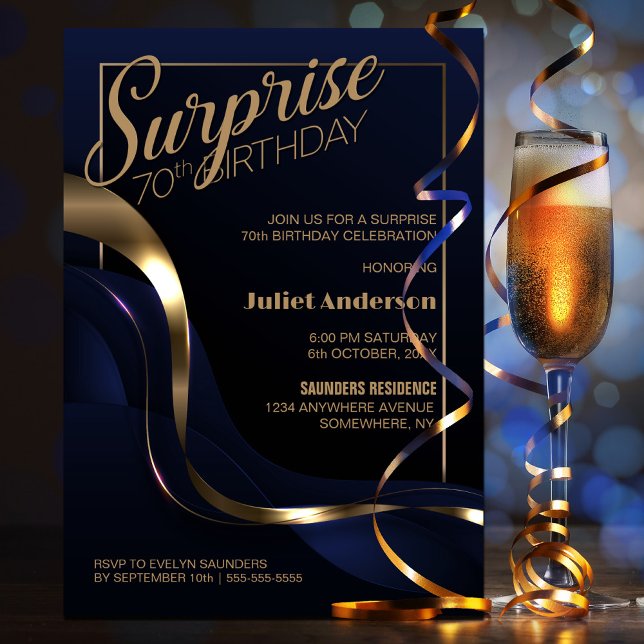 Surprise 70th Birthday Blue Gold Party Invitation (Creator Uploaded)