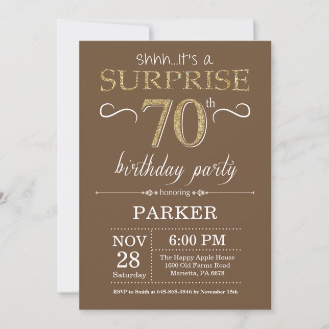 Surprise 70th Birthday Brown and Gold Glitter Invitation (Front)