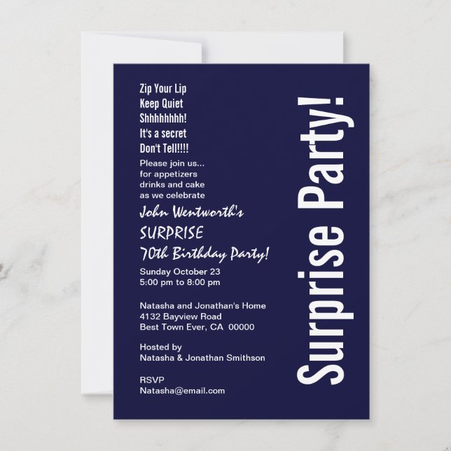 SURPRISE 70th Birthday Budget Midnight White V06 Invitation (Front)