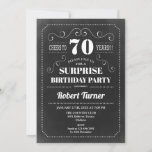 Surprise 70th Birthday - Chalkboard Invitation<br><div class="desc">Surprise 70th birthday party invitation for men or women. Elegant invite card in black and white with chalkboard pattern and retro typography script font. Cheers to 70 years!  Can be customized to any age. Perfect for a milestone adult bday celebration.</div>