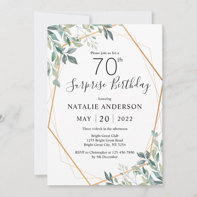 Surprise 70th Birthday Eucalyptus Greenery & Gold Invitation (Front)