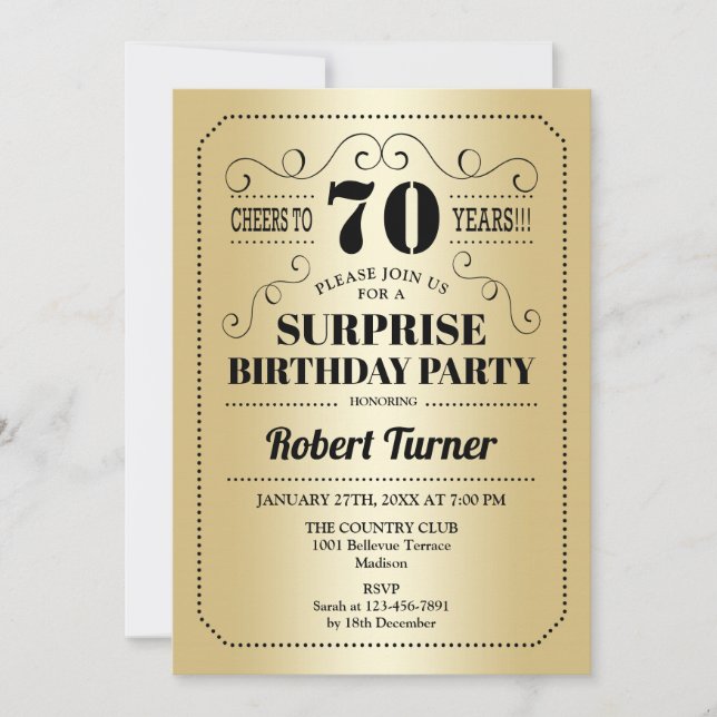 Surprise 70th Birthday - Gold Black Invitation (Front)