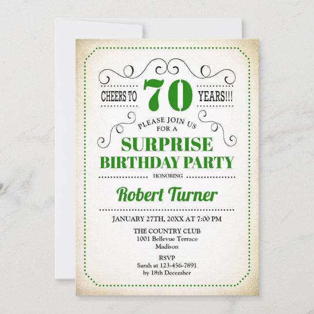 Surprise 70th Birthday - Green White Black Invitation (Front)
