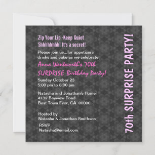 SURPRISE 70th Birthday Grey Pink Retro Pattern Invitation