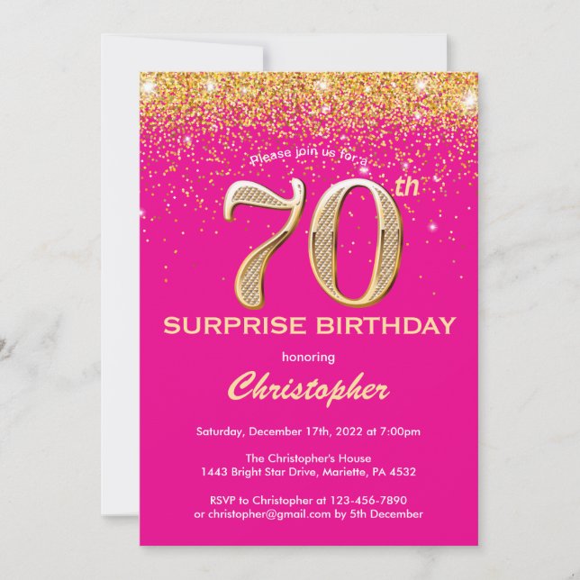 Surprise 70th Birthday Hot Pink and Gold Glitter Invitation (Front)