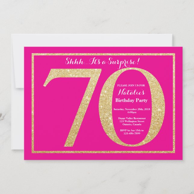Surprise 70th Birthday Hot Pink and Gold Glitter Invitation (Front)