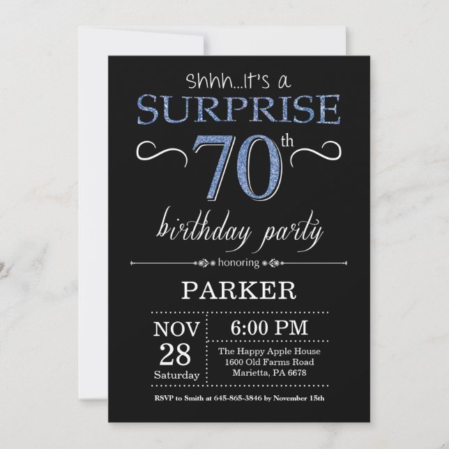 Surprise 70th Birthday Invitation Black and Blue (Front)