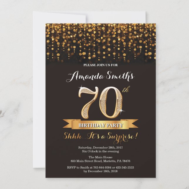 Surprise 70th Birthday Invitation Black and Gold (Front)