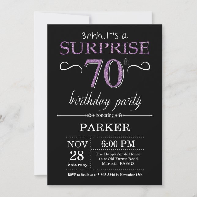 Surprise 70th Birthday Invitation Black and Purple (Front)