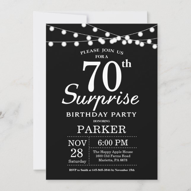 Surprise 70th Birthday Invitation Black and White (Front)