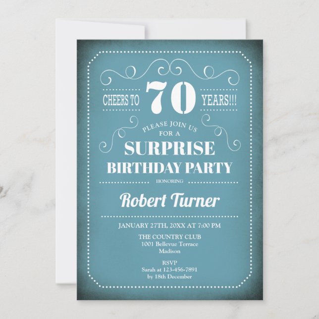 Surprise 70th Birthday Invitation - Blue White (Front)