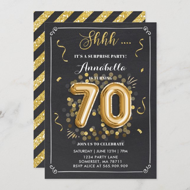 Surprise 70th Birthday Invitation Gold Chalkboard (Front/Back)