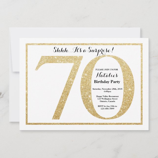 Surprise 70th Birthday Invitation Gold Glitter (Front)